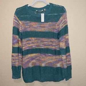 Soft Surroundings Womens Serafina Sweater Petite Medium Teal Stripe Open Knit
